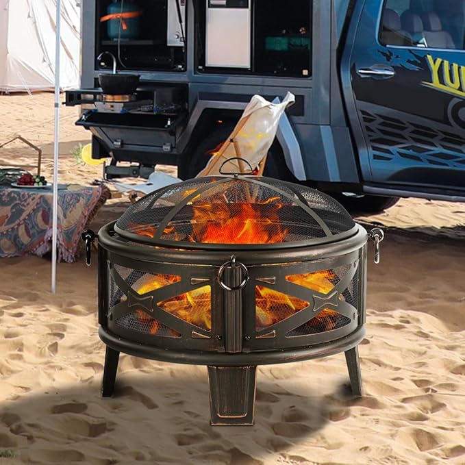Breezz 26 Inch Wood Burning Fire Pit with Cooking Grill and Spark Screen, Outdoor Metal Round Firepit for Patio, Backyard, Bonfire Party, Camping