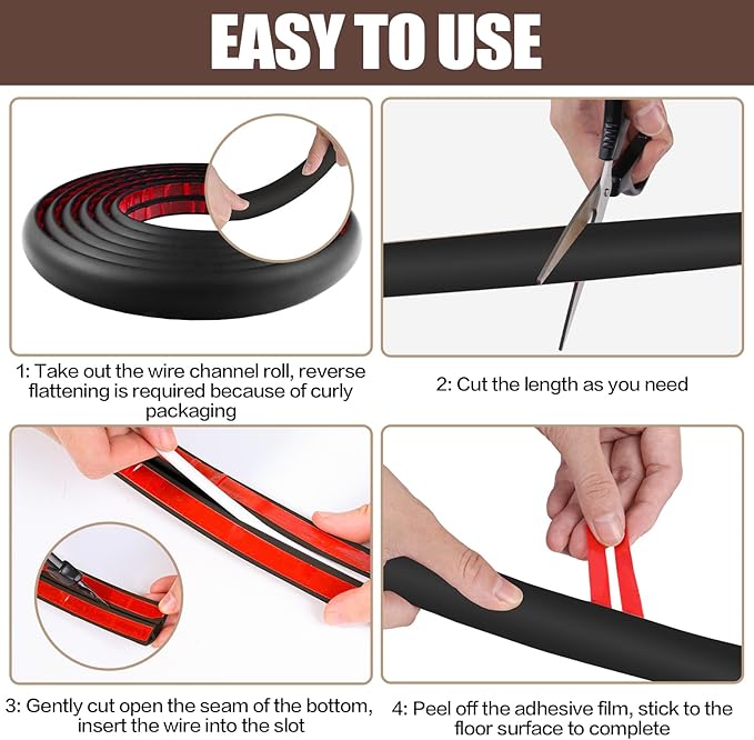 Floor Cord Cover Self Adhesive Cord Hider,3.3FT Cable Management, Extension Strip Protector for Wires, Prevent Cable Trips for Offices, Gyms, Exhibitions Cavity:0.47"(W) x 0.35"(H) Black