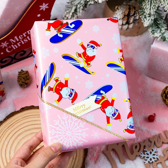 MAYPLUSS Christmas Wrapping Paper Roll - 17 Inch X 33 Feet - Skiing Santa Claus Gift Wrapping Paper Reversible Snowflake Thick Wrap Paper for Holiday Party New Year Kids