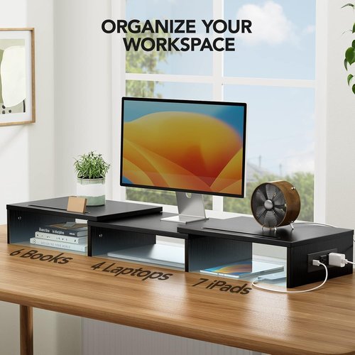 HUANUO Dual Monitor Stand - Adjustable Height & Angle with USB Ports | Desktop Riser for PC & Laptop (Black)