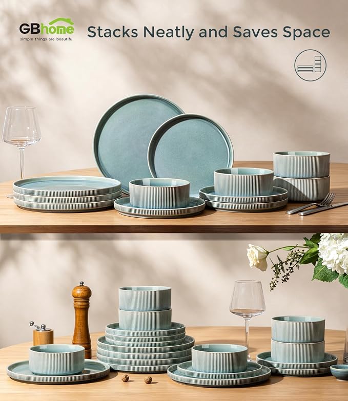 GBHOME 24-Piece Stoneware Dinnerware Set for 8 – Ribbed Ceramic Plates and Bowls, Scratch-Resistant, Microwave & Dishwasher Safe, Reactive Glaze, Malachite Green