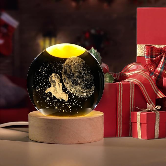 Astronaut Crystal Ball with LED Light Base, 60mm Glass Sphere Decorative Balls, Universe Space Galaxy Lamp Gifts