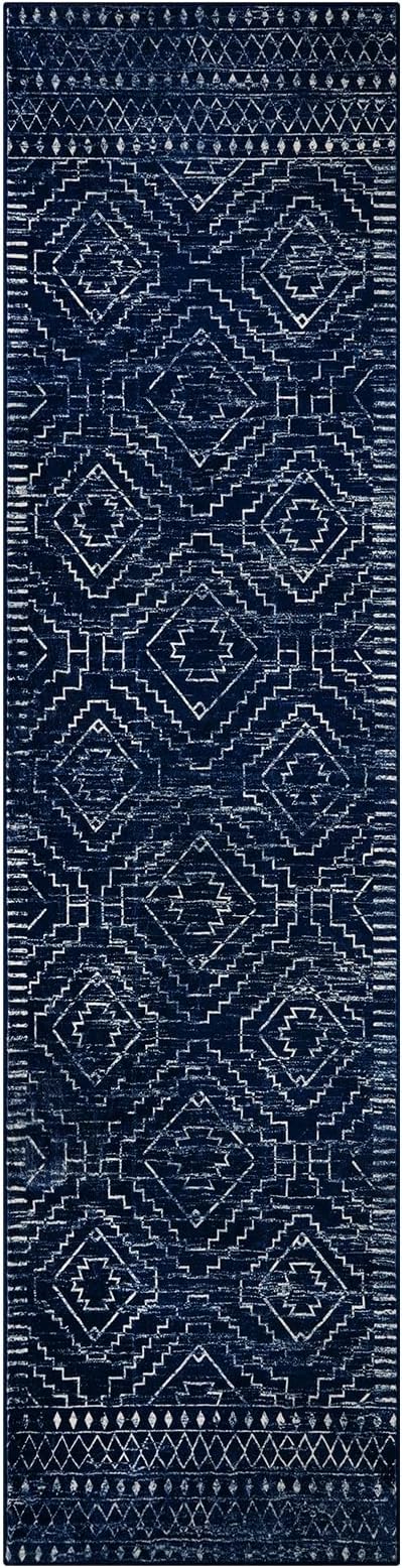 Wonnitar Moroccan Hallway Runner Rugs, 2'6"x10' Washable Non-Skid Blue Runner Rugs for Kitchen, Boho Non-Shedding Soft Long Runner Geometric Low Pile Carpet for Entryway Bathroom (Blue,2'6"x10')