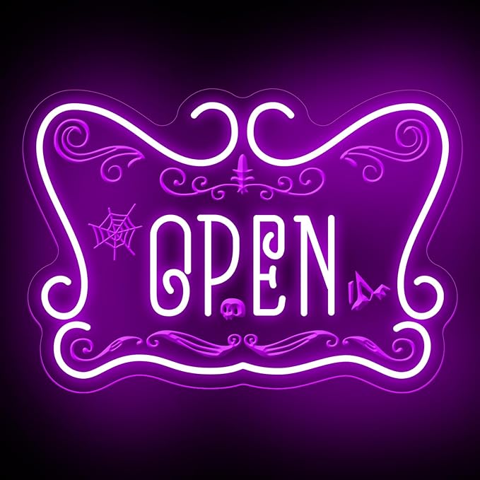 Gothic Open Neon Sign LED Wall Light for Witchy Shop Spooky Café Halloween Decor Crystal Store Tattoo Studio and Mystic Boutique Room Game Kids Room Man Cave Party Decor Party Supply Ba