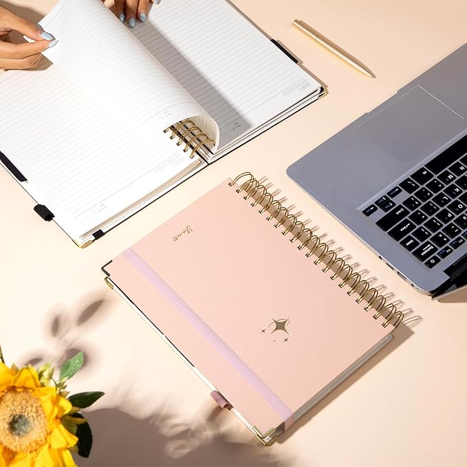 FLYING EAGLE Leather Spiral Notebooks for Work 5 Subject Notebook College Ruled with Dividers Pen, 360 Pages B5 Hardcover Lined Journals for Women Men Writing,Pink