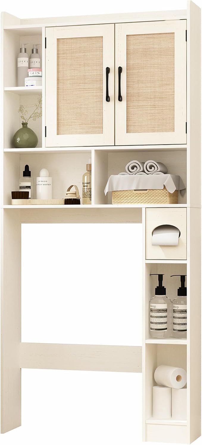 RUSTOWN Rattan Over The Toilet Storage Cabinet,Boho Over Toilet Bathroom Organizer with 2 Doors & Adjustable Shelves,Modern Above Toilet Rack with Toilet Paper Holder for Bathroom (Vintage White)