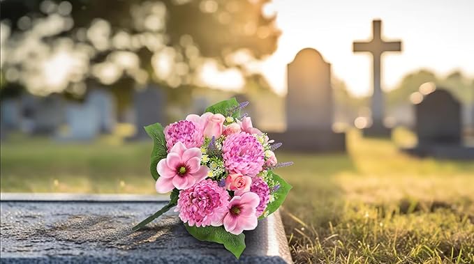 Hollyone Set of 2 Artificial Cemetery Flower for Graves Cemetery Memorial Flowers for Outdoor Grave Decorations Silk Flower Arrangements Pink Chrysanthemum Rose Floral Flowers Bouquets