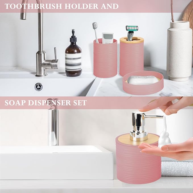 4 Pieces Bamboo Bathroom Accessories Set, Bathroom Accessory Set with Soap Dispenser and Toothbrush Holder, Soap Dish and Toothbrush Cup, Boho Bathroom Decor(LightPink)