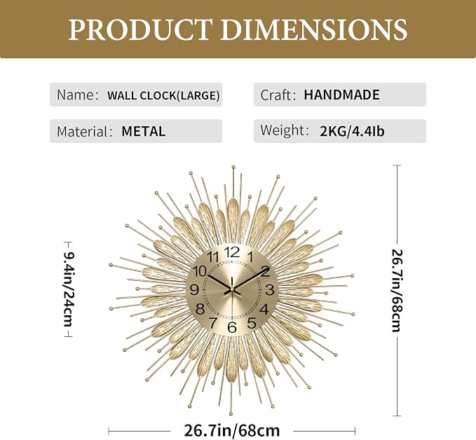 Large Wall Clock,27inch Gold Wall Clock Non-Ticking Mid Century Wall Clocks for Living Room Decor,Battery Operated Wall Clock for Bedroom&Living Room