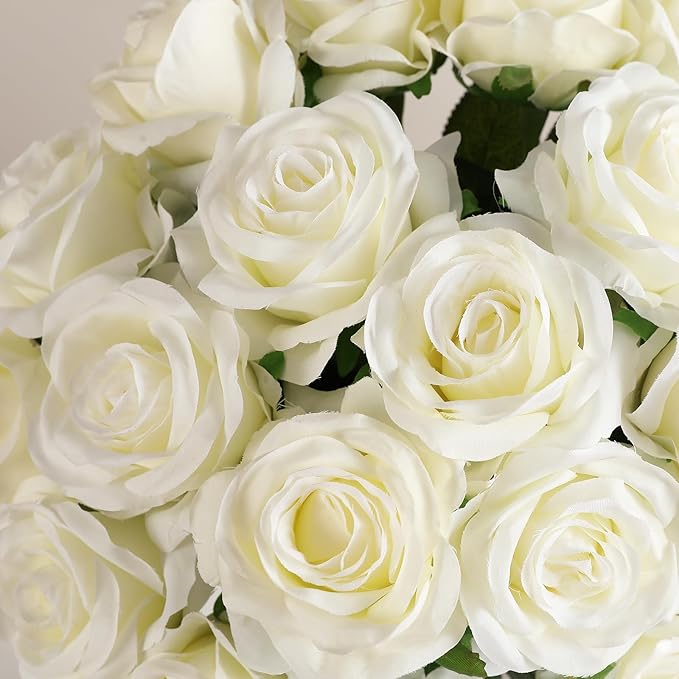 Kisflower 60 Pcs White Roses Artificial Flowers Bulk, Silk Roses with Stem Realistic White Artificial Roses for Decoration DIY Wedding Bouquet Bridal Shower Party Home Table Centerpieces Decor (White)