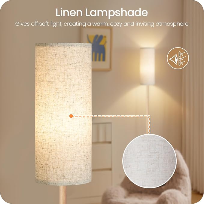 2 Pack Wooden Textured Pole Lamps, Dimmable Floor Lamp for Living Room with Remote and Foot Switch, 64.4” Standing Tall Lamp, Corner Light for Bedroom, Bulb Included, 3000K-6500K, XE06LDP205W1