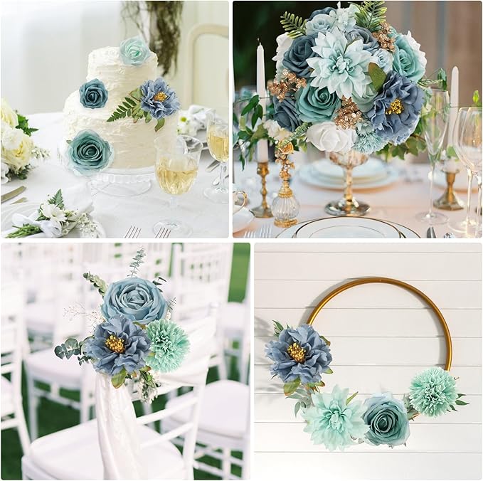 Artificial Flowers Combo Box Set Green Blue Bouquet Flowers for Wedding Centerpieces Arrangements Bridal Shower Party Decorations Fake Floral for Home