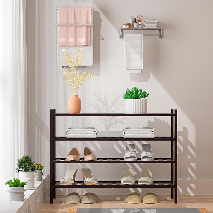 RONGJlA 4 Tier Bamboo Shoe Rack for Closet Free Standing Wood Shoe Shelf Storage Organizer for Entryway Small Space Stackable, Brown