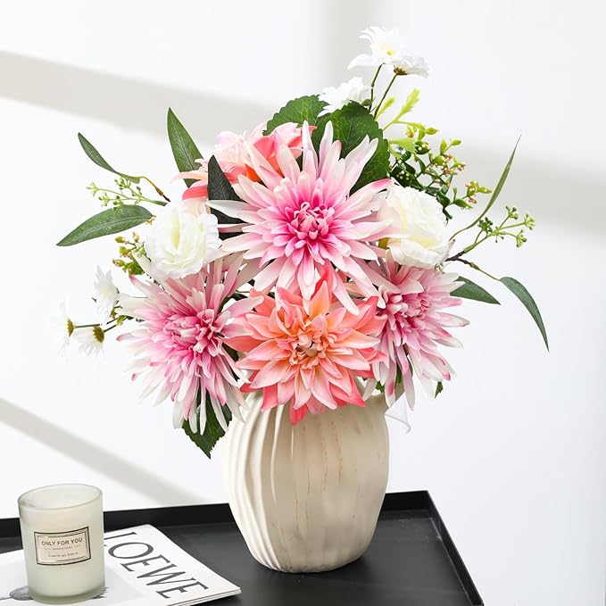 Artificial Flowers – Elegant Flower Bouquet, Faux Silk Dahlia & White Roses Floral Arrangement Fake Plant Decor for Home Indoor, Farmhouse kitchen Dining Decoration Wedding Table Centerpiece