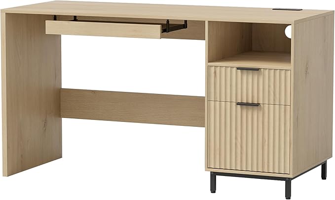 Fluted Executive Desk, 55" Modern Wood Home Office Desk with Charging Station, File Drawer, Open Storage, Computer Writing Desk for Work Study Writing, Light Oak