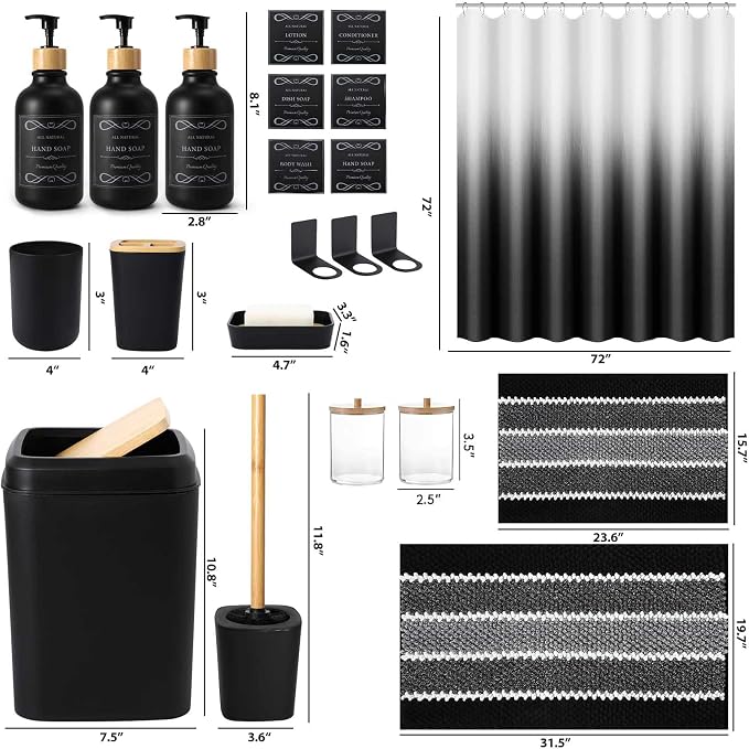 XLHOMO 34PCS Black Bathroom Accessories Sets Complete, with Shower Curtain, Rugs, Trash Can and Toilet Brush, 3PCS 17oz Soap Dispenser Wall Mounted, Toothbrush Holder and Cup, Soap Dish, Qtip Holder
