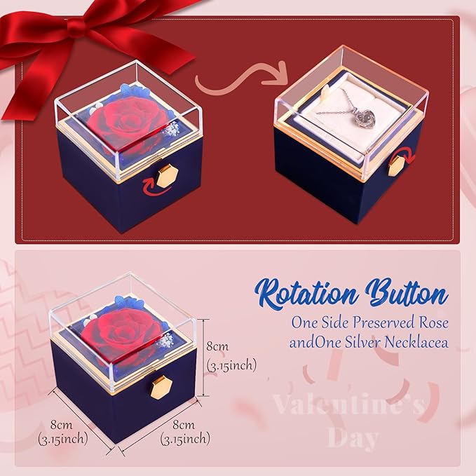 Forever Rose Gifts for Her,Preserved Real Red Flowers Rotating Box with I Love You Necklace 100 Languages,Mothers Day Eternal Rose Rotating Jewelry Box Gifts for Women Mom Wife Girlfriend