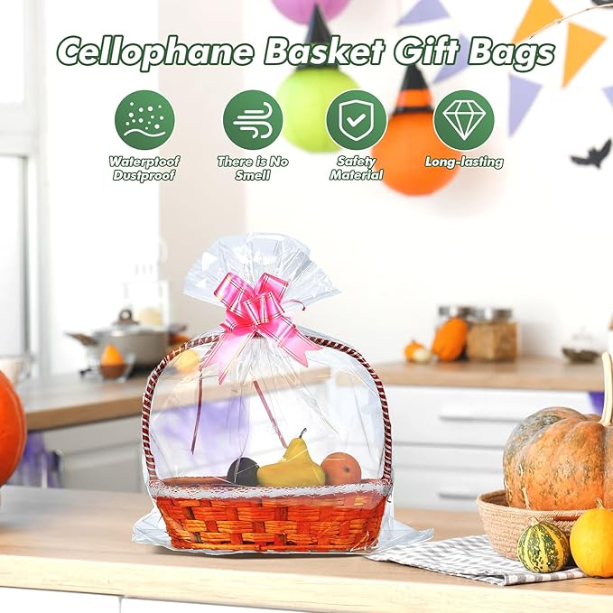 30 Packs 32 x 40 Inches Extra-large Gift Wrap Cellophane Bags for Basket Jumbo Clear Cellophane Wraps Clear Huge Cello Bags for Baskets, Gifts, Christmas Tree, Treat, Art and Craft, 30ct Pink Ribbon Bows