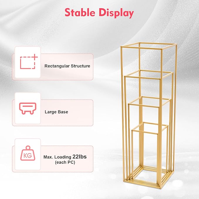 4Pcs Gold Wedding Flower Stands, 4 Different Sizes Metal Column Flower Holders Gold Flower Centerpieces Stands Wedding Metal Centerpieces Rectangular Vase for Wedding Decorations Party Event (4Pcs)