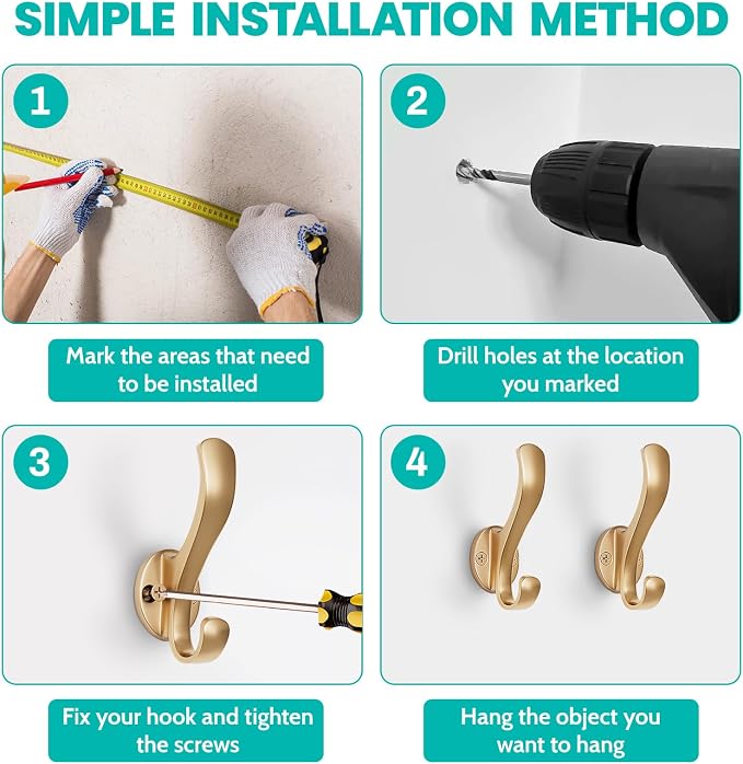 Coat Hooks Heavy Duty - Easy to Install Metal Towel Hooks Fashionable Wall Hooks for Hanging Hat, Towel, Key, Robe, Scarf, Bag, Cap (6 PCS Gold)