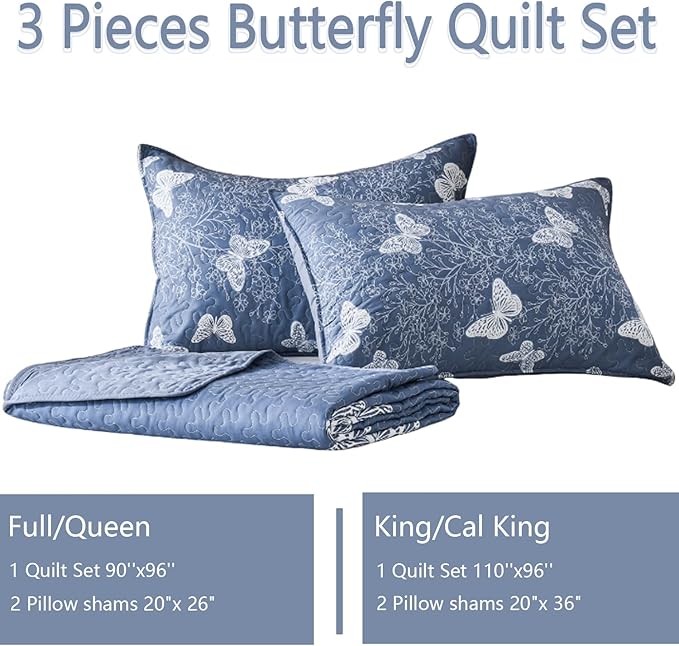 Yogeneg King Size Quilt Set,White Butterfly Botanical Pattern Blush Grey Bedding Set,3 Piece Lightweight Soft Summer Bedspread Coverlet with 2 PIillow Sham for All Season(Butterfly,110"x96")