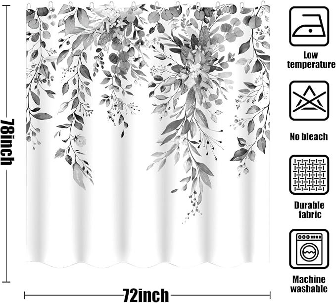Long Gray and White Eucalyptus Shower Curtain Watercolor Grey Floral Plant Leaf Shower Curtains for Bathroom Botanical Flower Waterproof Fabric Bath Curtain with Hooks (Black, 72'' x 78'')