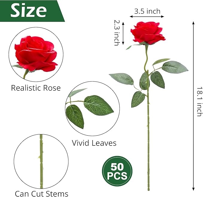50pcs Artificial Roses Flowers in Bulk,Realistic Silk Fake Rose with Long Stem for Wedding Centerpieces Bouquet Party Floral Arrangement Home Decoration(Red)