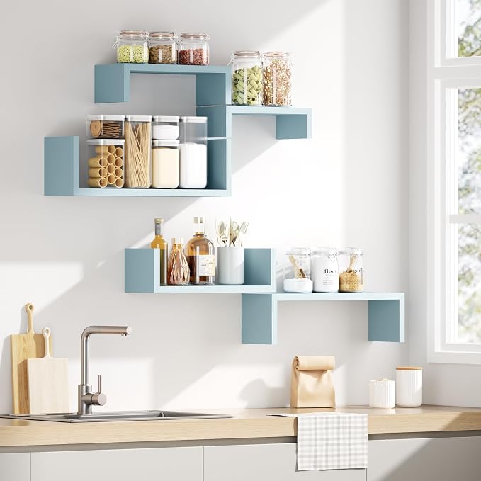 SRIWATANA Floating Shelves for Wall, Wall Shelves for Bathroom, Bedroom, Living Room, Kitchen, Office, Wood Shelves for Wall Decor Set of 5 (Blue)