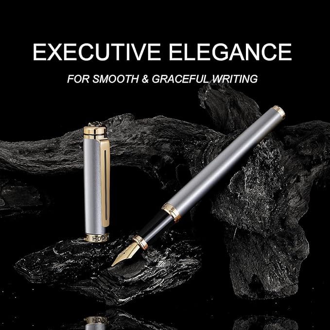 HDDNB Silver Luxury Fountain Pen Set for Men and Women with Gift Box, 24K Gold Finish and Gilded Nib(Medium) with 5 Black Ink Cartridges and Converter