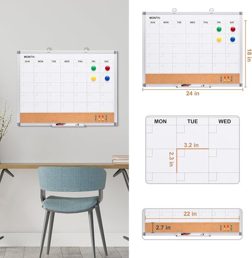 Comix Dry Erase Calendar | 24x18 Inch Whiteboard & Corkboard Combo with Aluminum Frame & Markers