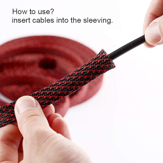 25ft - 1/2 inch PET Expandable Braided Sleeving – BlackRed – Alex Tech Braided Cable Sleeve