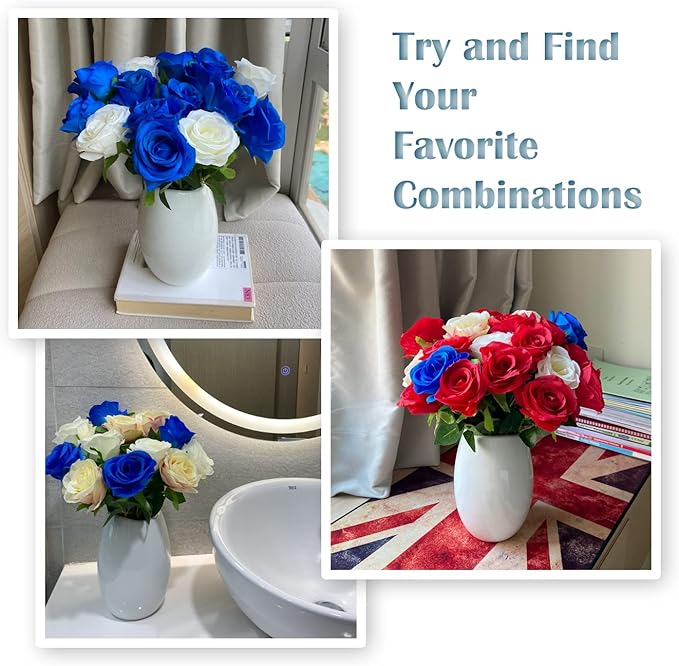 12 PCS Rose Artificial Silk Flowers, Fake Roses with Long Stems Realistic Faux Rose Flower Bouquets for Home Wedding Decoration Party-Sapphire Blue