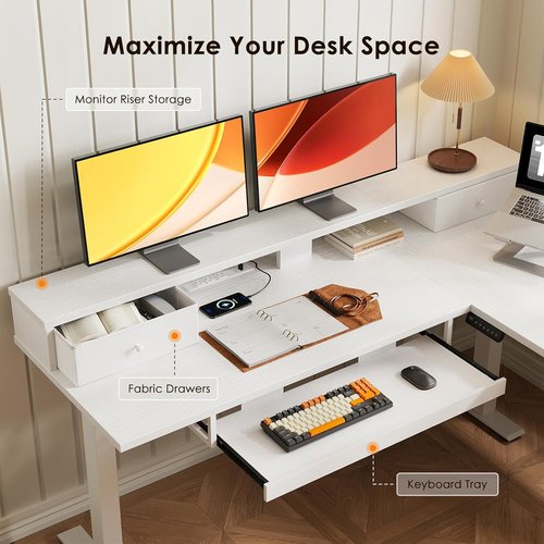 OffiGo L-Shaped Electric Standing Desk - Height Adjustable with Drawers & Monitor Stand | 59 Inch White