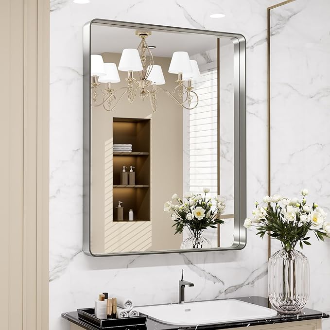 LOAAO 22X30 Inch Brushed Nickel Bathroom Mirror, Rounded Rectangle Silver Metal Frame Mirror, Brushed Nickel, Anti-Rust, Hangs Horizontally or Vertically