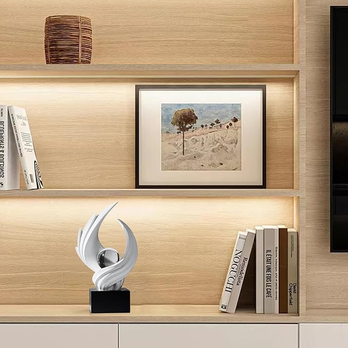 Modern Art Statue Decor, Abstract Swirl-Shaped Sculpture with Glass Ball Resin Art Figurines Centerpiece Sculptures for Home Decor Living Room Stand Coffee Table Office Bookshelf Decoration (white)
