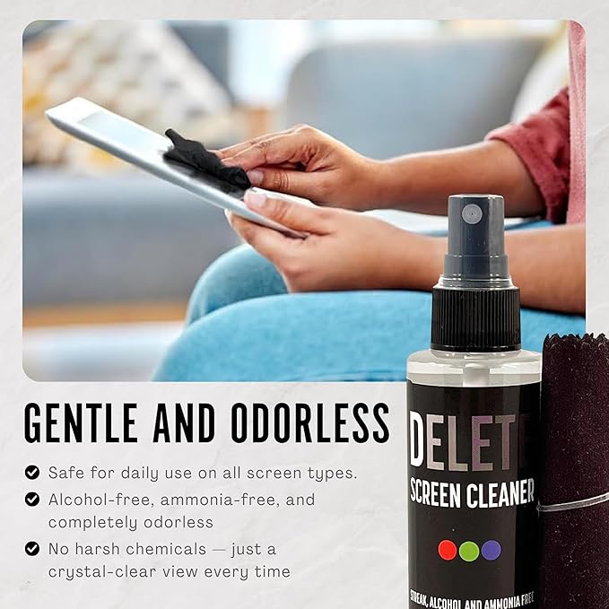 Delete Screen Cleaner Spray Kit, 2 Pack, 2oz Bottle and 2x 6"x6" Microfiber Cleaning Cloth, Streak-Free, Safe and Gentle Formula, Multi-Purpose for Travel, Small TVs, Cameras, Laptops, Phones