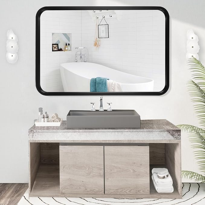 WallBeyond 24x36 Inch Wood Mirror for Bathroom, Wooden Frame Wall Mirror Farmhouse Wall Mounted Rectangle Mirror for Vanity (Horizontal/Vertical Black Color)