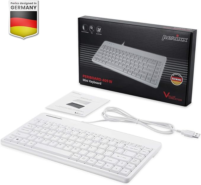 Perixx PERIBOARD-409WU US, Wired USB Mini Keyboard - White - US English