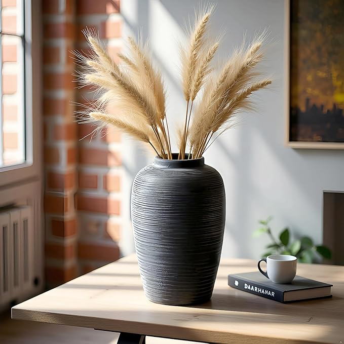Large Ceramic Vase, 10.24 inch Minimalist Vase for Home Decor, Handmade Farmhouse Flower Vase for Table Centerpiece, Wedding, Living Room, Kitchen Decoration, Shelf Decor (Black)