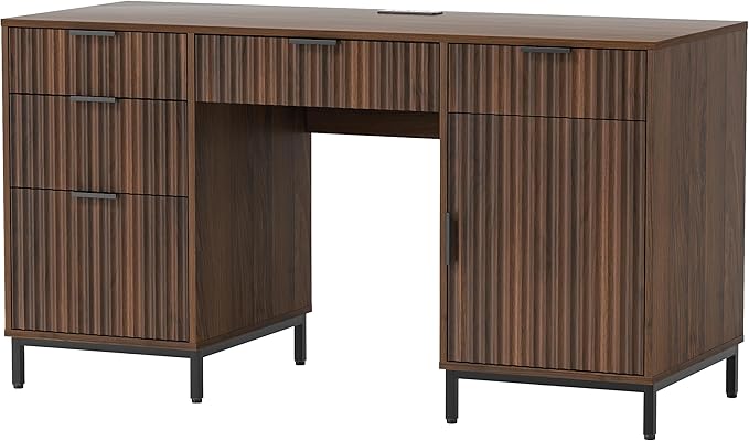 55" Fluted Executive Desk, Modern Home Office Desk with Charging Station, Keyboard Tray, File Drawer, Storage Cabinet, Wood Computer Writing Desk for Work Study Writing, Browm