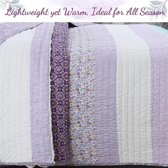 Cozy Line Home Fashions Purple Baby Blue Floral Striped Ruffle Girl 100% Cotton Reversible Quilt Bedding Set, All-Season Coverlet Bedspread (Lilac Flower, Queen-3 Piece)