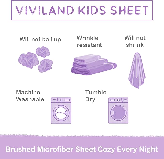 Viviland 3 Pieces Girls Purple Twin Sheet Set - Soft Microfiber Fitted Flat Sheets & Pillowcase - Colorful Hearts Printed Bedding Sets - for Kids & Toddlers