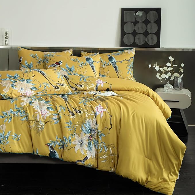King Comforter Set Flowers 3 Pieces Soft 3D Bedding Comforter Tree Branches Flowers Birds Print Botanical Comforter Set for All Seasons 1 Comforter and 2 Pillowcases (Birds, King)
