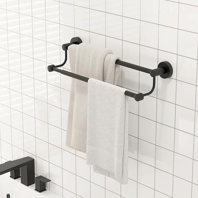 BESy Adjustable 16-26 Inches Double Bath Towel Bar for Bathroom SUS304 Stainless Steel Towel Holder, Hotel Style Wall Mount with Screws Hand Towel Bar Towel Rack Rod Hanger, Matte Black Finish