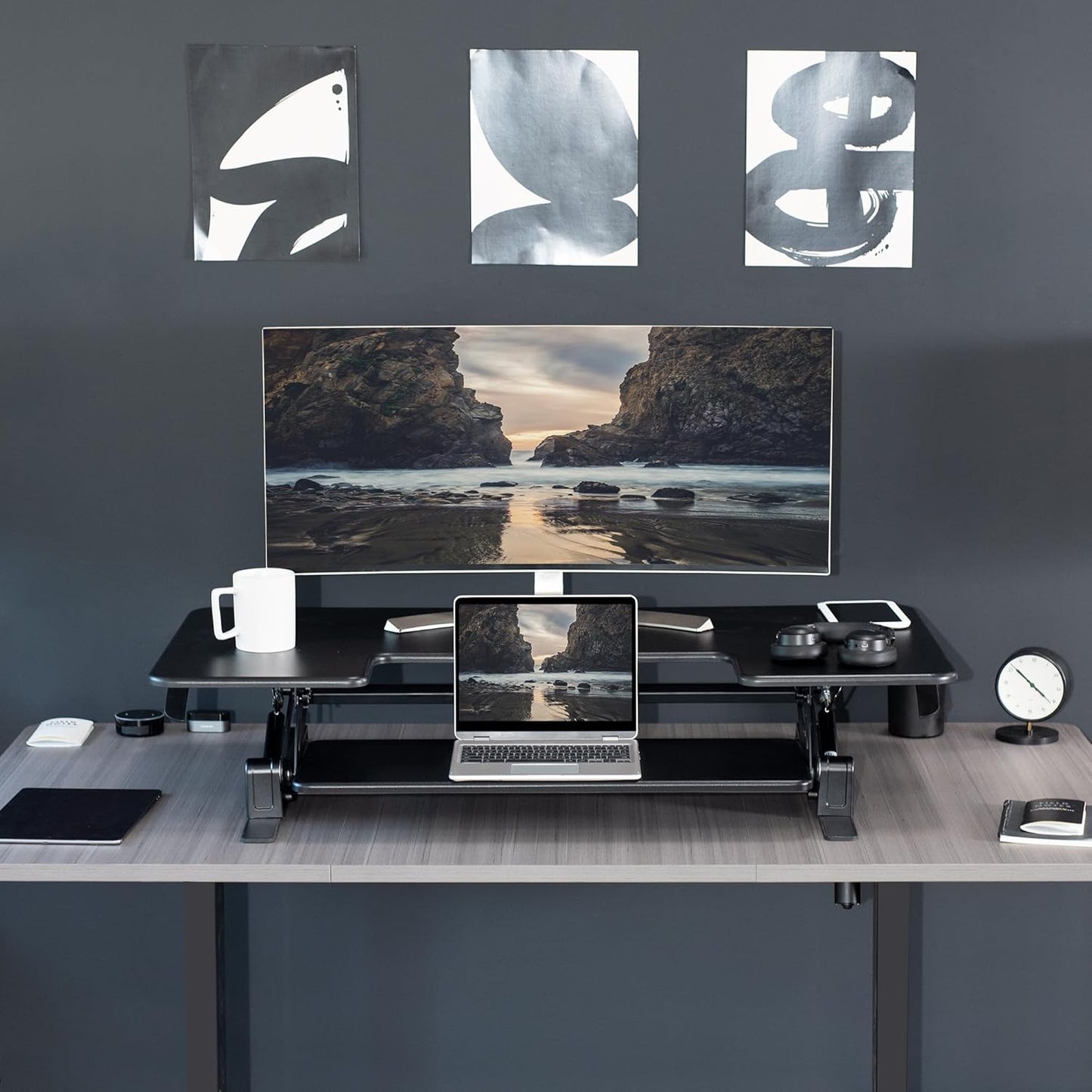 VIVO Height Adjustable Stand Up Desk Converter - 48 Inch Dual Monitor Riser Workstation, Black | V Series