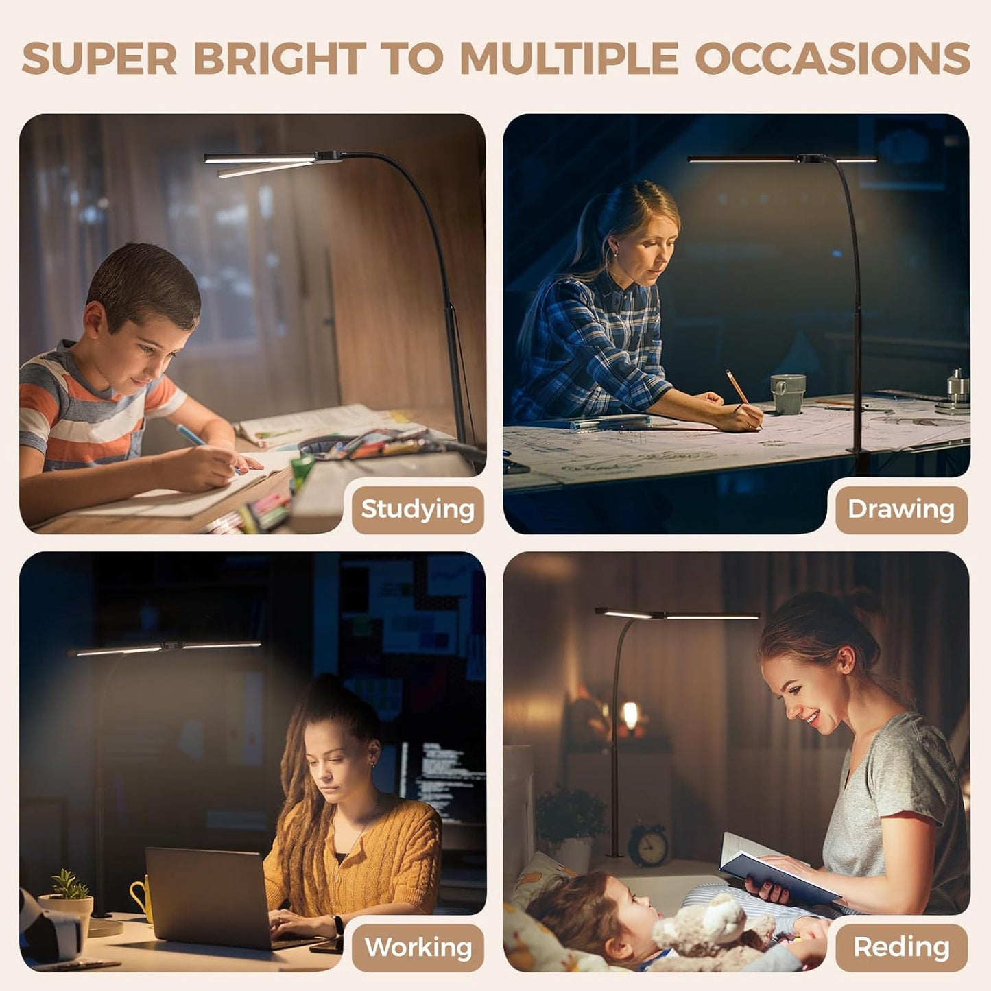 Voncerus LED Desk Lamp - Adjustable Double Head Architect Light with 3 Modes & 10 Brightness Levels | Black