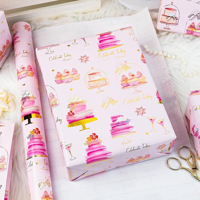 Merture Pink Wedding Wrapping Paper Roll - Foil Doodle Style Gift Wrap with Sweet Cake Pattern - 17 In X 32.8 Ft(46.5 sqft) for Wedding, Bridal Shower, Valentines Day, Girls Birthday Party