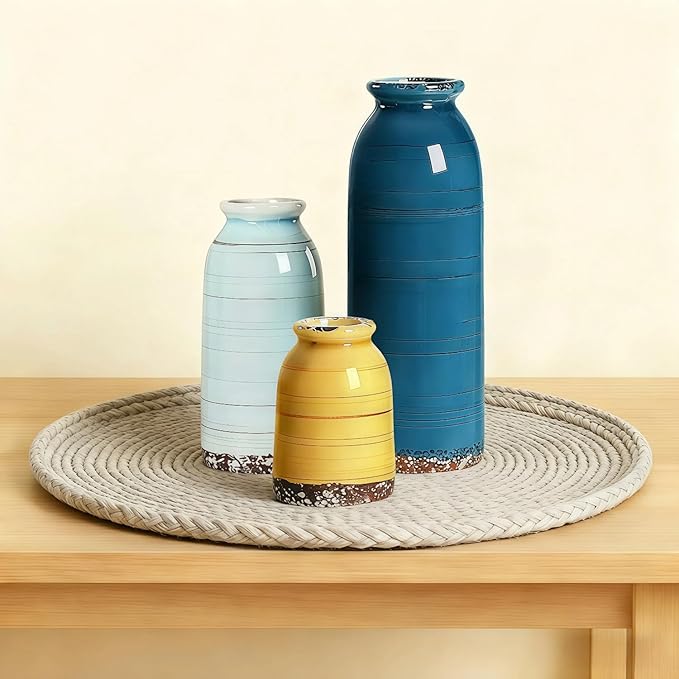 Ceramic Vase Set of 3 – Handcrafted Modern Farmhouse Decorative Vases for Boho Living Room Centerpieces, Entryway Decorations, Coffee Table, Bookshelf, Fireplace Mantel