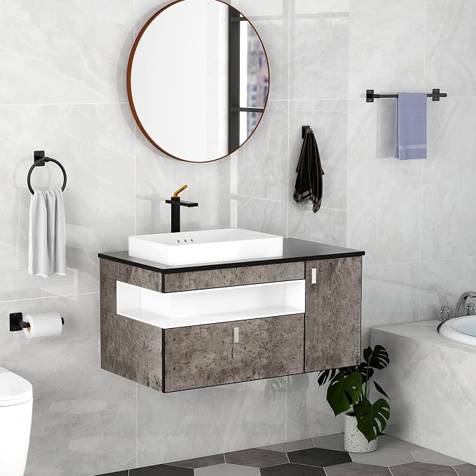 KLJKPA Matte Black Bathroom Accessories Set, 4 Pieces Bathroom Hardware Set, 16 inch Towel Bar, Towel Racks for Bathroom, Robe Towel Hooks, Toilet Paper Holder Wall Mounted