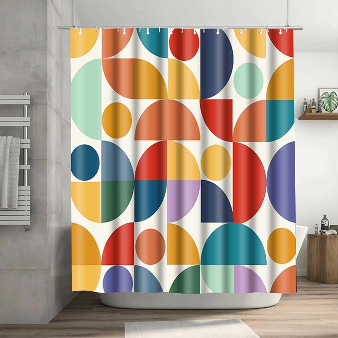 Vintage Colorful Rainbow Mid Century Shower Curtain Modern Abstract Geometric Art Bathroom Curtain Decor 72x96 Inch Washable Fabric Bright Retro Boho Circle Patterned Bath Curtain with 12 Hooks